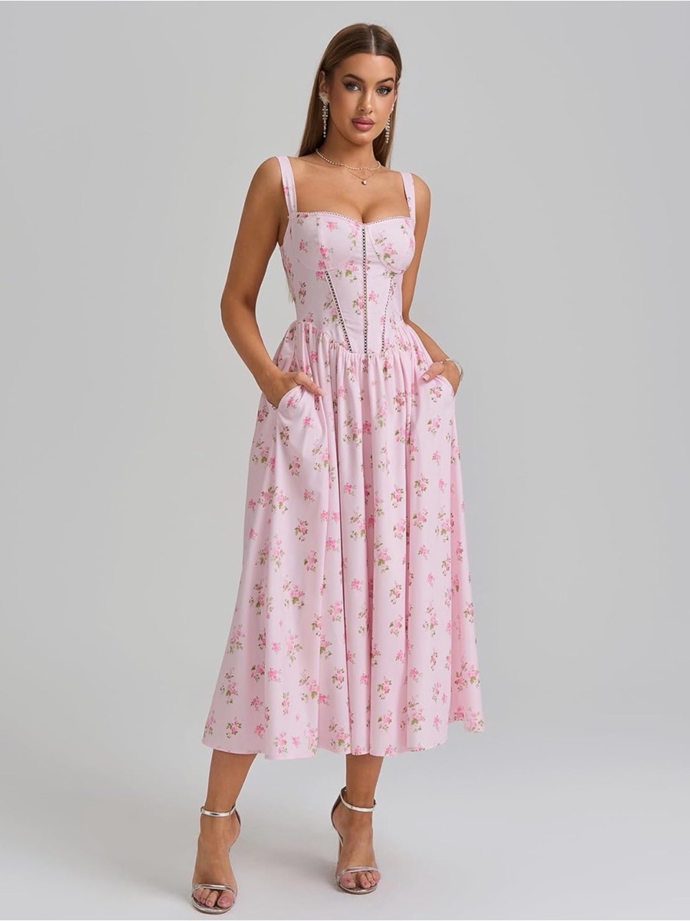 KUTUMAI Floral Corset Midi Dress Flowy Slit Sundress Size XL